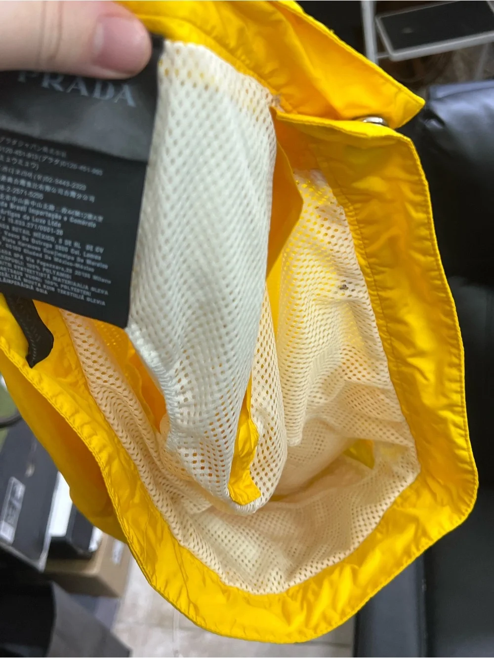 Prada Men’s Yellow Swim Trunks with Purple Lightning Motif